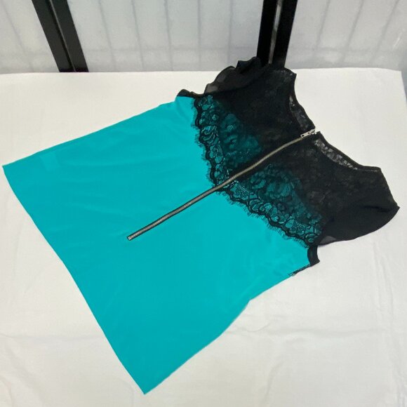 Allen B Allen Schwartz Sheer Lace Bodice Cap Sleeve Back Zip Top Turquoise Black - Picture 9 of 11